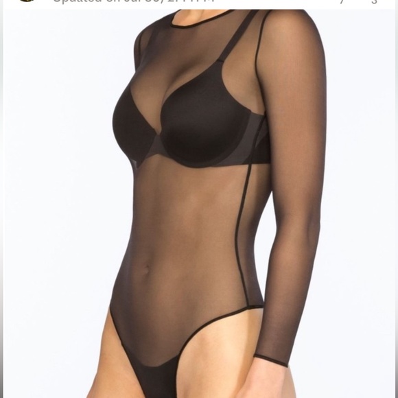 Spanx Sheer Mesh thong long sleeve Bodysuit medium in very black - Picture 3 of 9